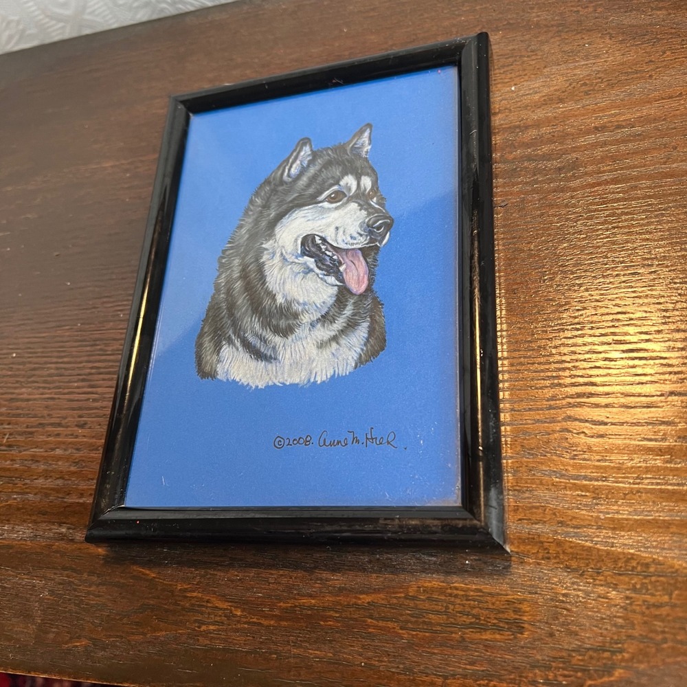 Anne M Hier 2008 Signed Framed Alaskan Malamute Husky Dog Portrait Art 5x7